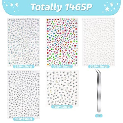 vivinin 1465P Face Gems Self-Adhesive Hair Gems - 5 Types of Rhinestones for Face, Eyes, Body, Hair, Makeup & Festival Decorations