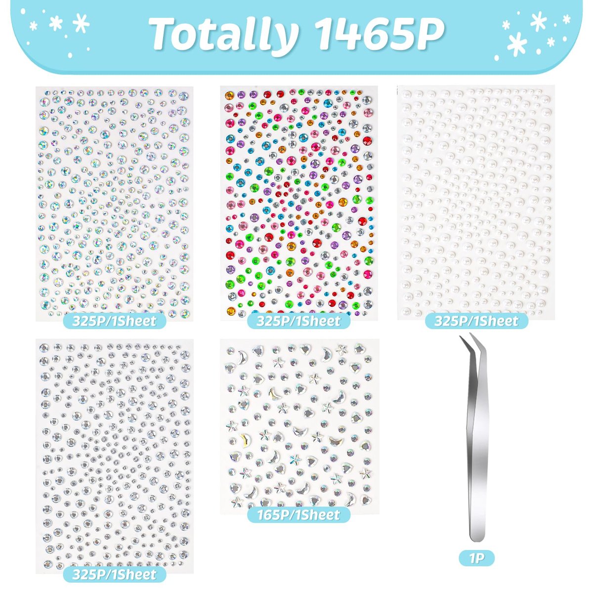vivinin 1465P Face Gems Self-Adhesive Hair Gems - 5 Types of Rhinestones for Face, Eyes, Body, Hair, Makeup & Festival Decorations - görsel 3