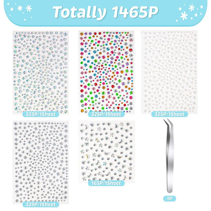 vivinin 1465P Face Gems Self-Adhesive Hair Gems - 5 Types of Rhinestones for Face, Eyes, Body, Hair, Makeup & Festival Decorations