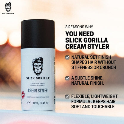 Slick Gorilla Hair Styling Cream - Light Flexible Hold, Smooth Frizz Control, Natural Matte Finish, Daily Grooming Cream for Men, 3.38 fl oz (100ml) Avelisse