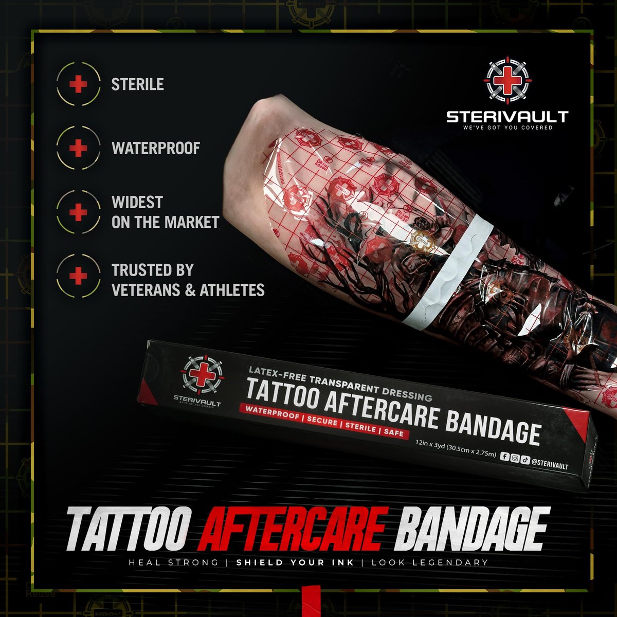 Sterivault Tattoo Aftercare Bandage - 12" Wide x 3 yd - Veteran Owned - Waterproof Tattoo Wrap - Second Skin Cover - Extra Large Avelisse