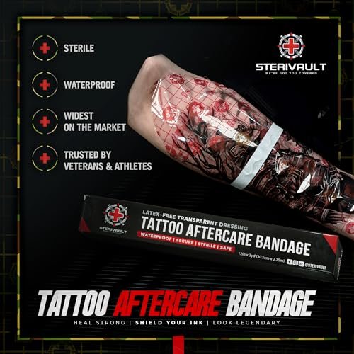 Sterivault Tattoo Aftercare Bandage - 12" Wide x 3 yd - Veteran Owned - Waterproof Tattoo Wrap - Second Skin Cover - Extra Large Avelisse