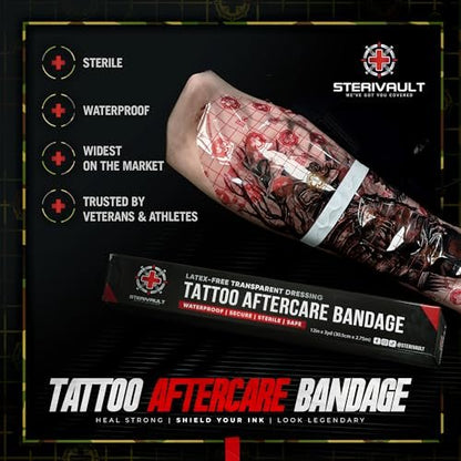 Sterivault Tattoo Aftercare Bandage - 12" Wide x 3 yd - Veteran Owned - Waterproof Tattoo Wrap - Second Skin Cover - Extra Large Avelisse
