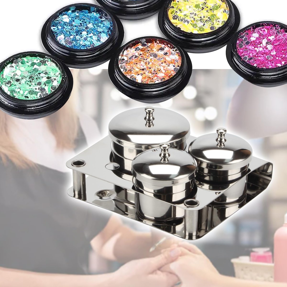 KCGANI 3-Piece Stainless Steel Nail Art Cups with Lids - Acrylic Liquid & Powder Containers for Salon & Home Avelisse
