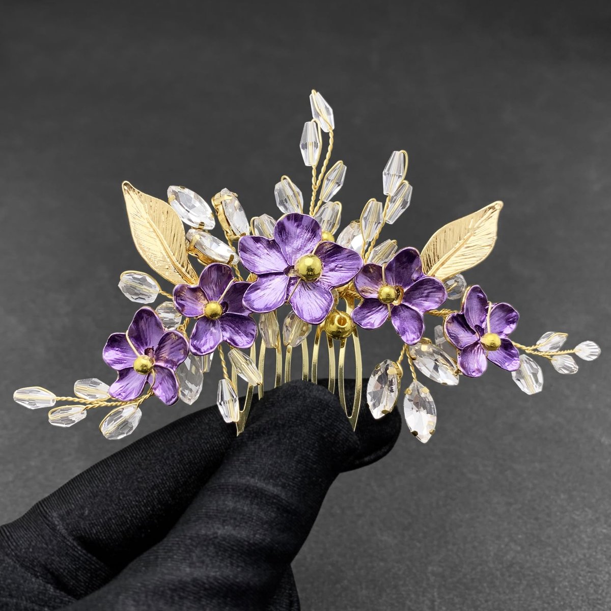 PRETTYLIFE Purple Flower Hair Comb for Bride - Crystal Gold Metal Leaf Floral Hair Piece Accessory for Wedding Prom Avelisse