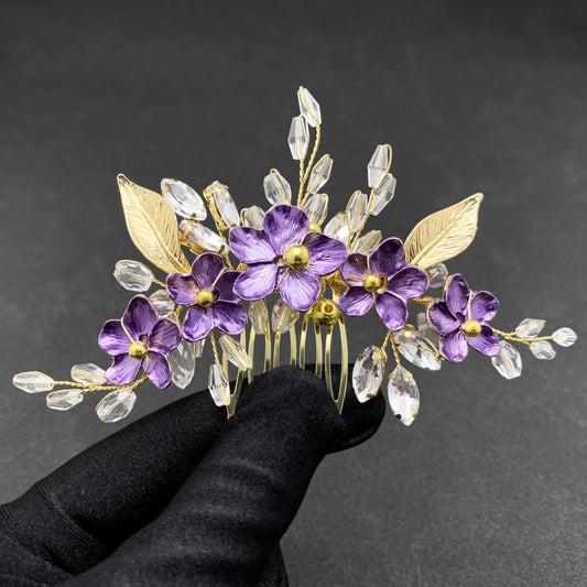 PRETTYLIFE Purple Flower Hair Comb for Bride - Crystal Gold Metal Leaf Floral Hair Piece Accessory for Wedding Prom Avelisse