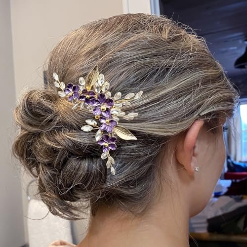 PRETTYLIFE Purple Flower Hair Comb for Bride - Crystal Gold Metal Leaf Floral Hair Piece Accessory for Wedding Prom Avelisse