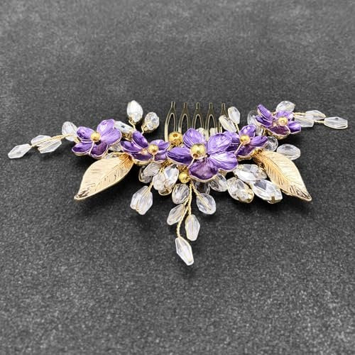 PRETTYLIFE Purple Flower Hair Comb for Bride - Crystal Gold Metal Leaf Floral Hair Piece Accessory for Wedding Prom Avelisse