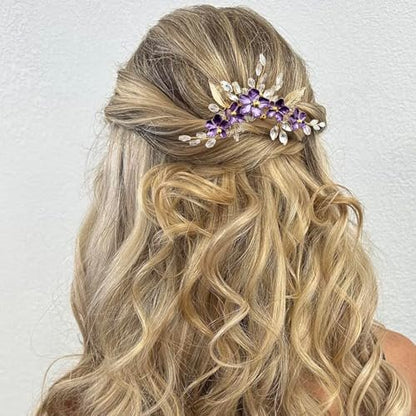PRETTYLIFE Purple Flower Hair Comb for Bride - Crystal Gold Metal Leaf Floral Hair Piece Accessory for Wedding Prom Avelisse