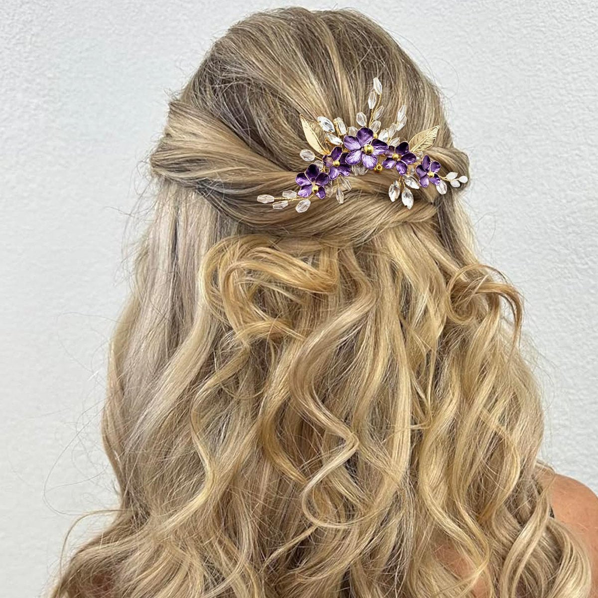 PRETTYLIFE Purple Flower Hair Comb for Bride - Crystal Gold Metal Leaf Floral Hair Piece Accessory for Wedding Prom Avelisse