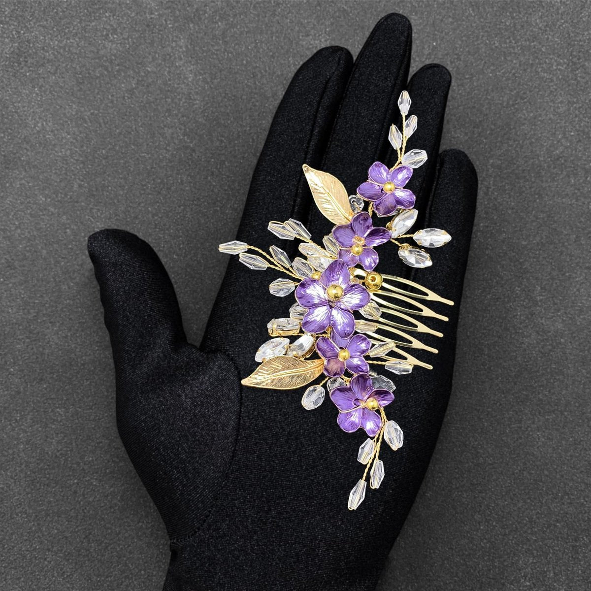 PRETTYLIFE Purple Flower Hair Comb for Bride - Crystal Gold Metal Leaf Floral Hair Piece Accessory for Wedding Prom Avelisse