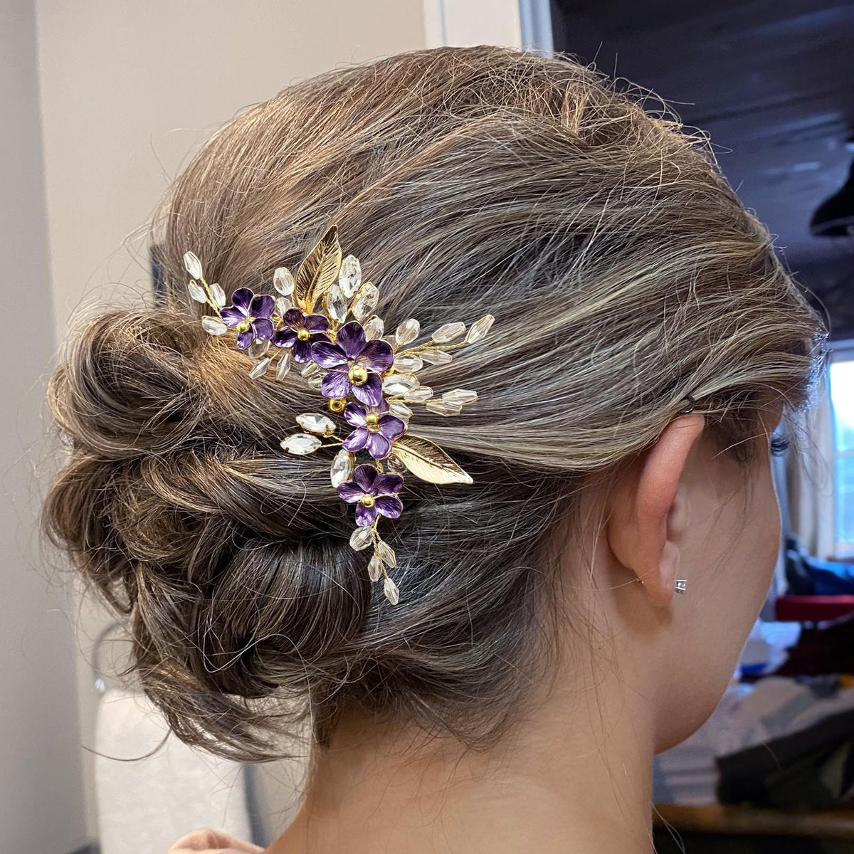 PRETTYLIFE Purple Flower Hair Comb for Bride - Crystal Gold Metal Leaf Floral Hair Piece Accessory for Wedding Prom Avelisse
