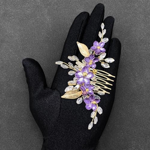 PRETTYLIFE Purple Flower Hair Comb for Bride - Crystal Gold Metal Leaf Floral Hair Piece Accessory for Wedding Prom Avelisse