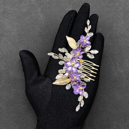 PRETTYLIFE Purple Flower Hair Comb for Bride - Crystal Gold Metal Leaf Floral Hair Piece Accessory for Wedding Prom Avelisse