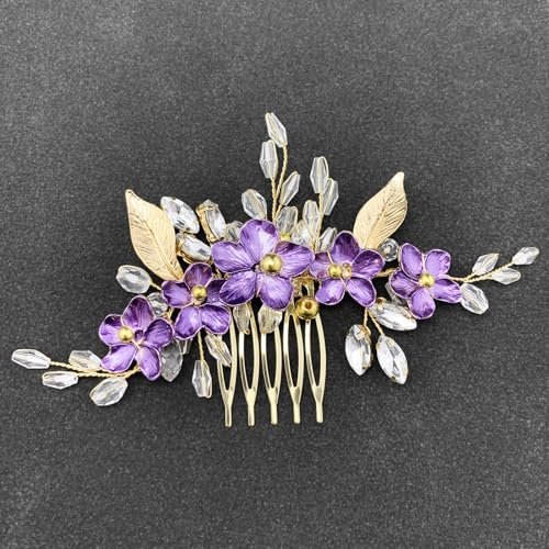 PRETTYLIFE Purple Flower Hair Comb for Bride - Crystal Gold Metal Leaf Floral Hair Piece Accessory for Wedding Prom Avelisse