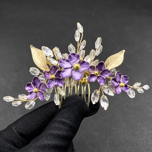 PRETTYLIFE Purple Flower Hair Comb for Bride - Crystal Gold Metal Leaf Floral Hair Piece Accessory for Wedding Prom Avelisse