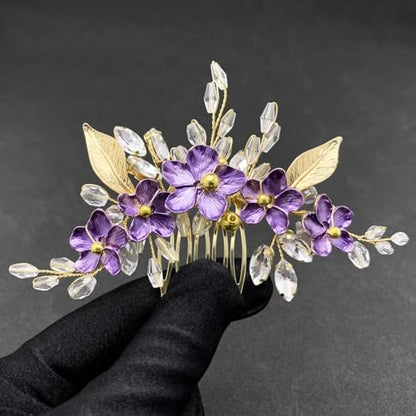 PRETTYLIFE Purple Flower Hair Comb for Bride - Crystal Gold Metal Leaf Floral Hair Piece Accessory for Wedding Prom Avelisse