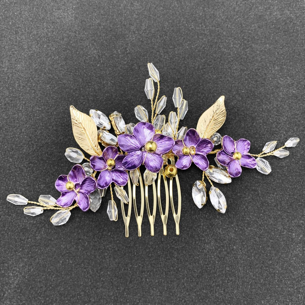 PRETTYLIFE Purple Flower Hair Comb for Bride - Crystal Gold Metal Leaf Floral Hair Piece Accessory for Wedding Prom Avelisse