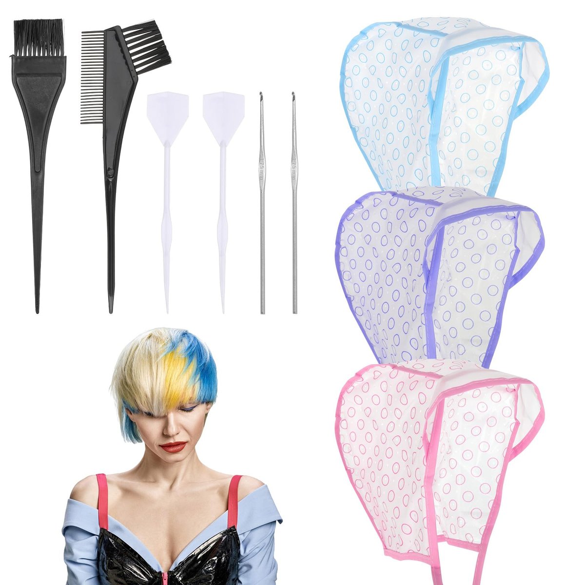 JJUNW 3 Pcs Hair Highlighting Caps Set - Professional Bleach Cap Coloring Frosting Dye Kit for Salon Hair Dyeing - görsel 1