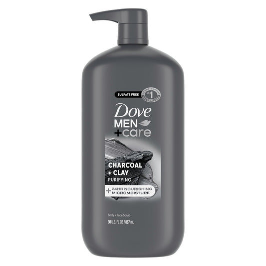 DOVE MEN + CARE Body and Face Scrub Charcoal + Clay Body Wash for Men, 30 oz – Deep Cleansing with 24-Hour Nourishing Micromoisture Technology