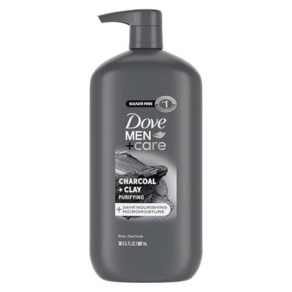 DOVE MEN + CARE Body and Face Scrub Charcoal + Clay Body Wash for Men, 30 oz – Deep Cleansing with 24-Hour Nourishing Micromoisture Technology