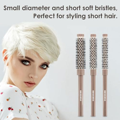 BANGMENG 3-Piece Small Round Brush Set: 3/7, 1/2, 5/8 Inch Barrel Hairbrushes for Blow Drying, Volumizing, and Styling Short Hair, Bangs, Roots