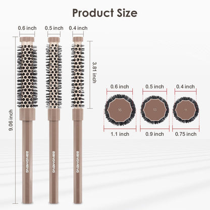 BANGMENG 3-Piece Small Round Brush Set: 3/7, 1/2, 5/8 Inch Barrel Hairbrushes for Blow Drying, Volumizing, and Styling Short Hair, Bangs, Roots