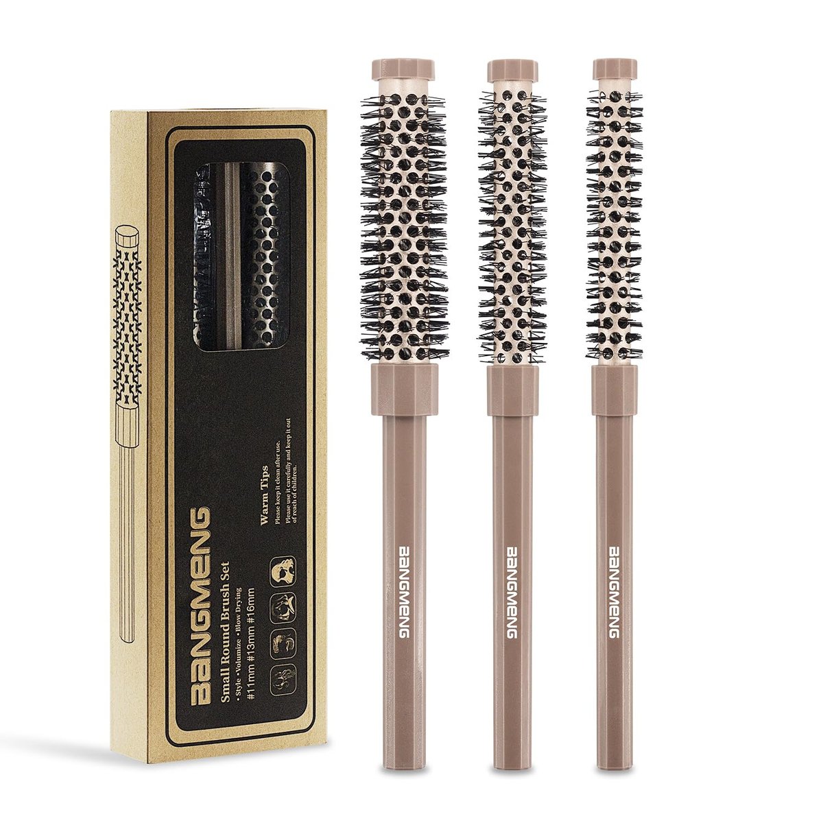 BANGMENG 3-Piece Small Round Brush Set: 3/7, 1/2, 5/8 Inch Barrel Hairbrushes for Blow Drying, Volumizing, and Styling Short Hair, Bangs, Roots - görsel 1