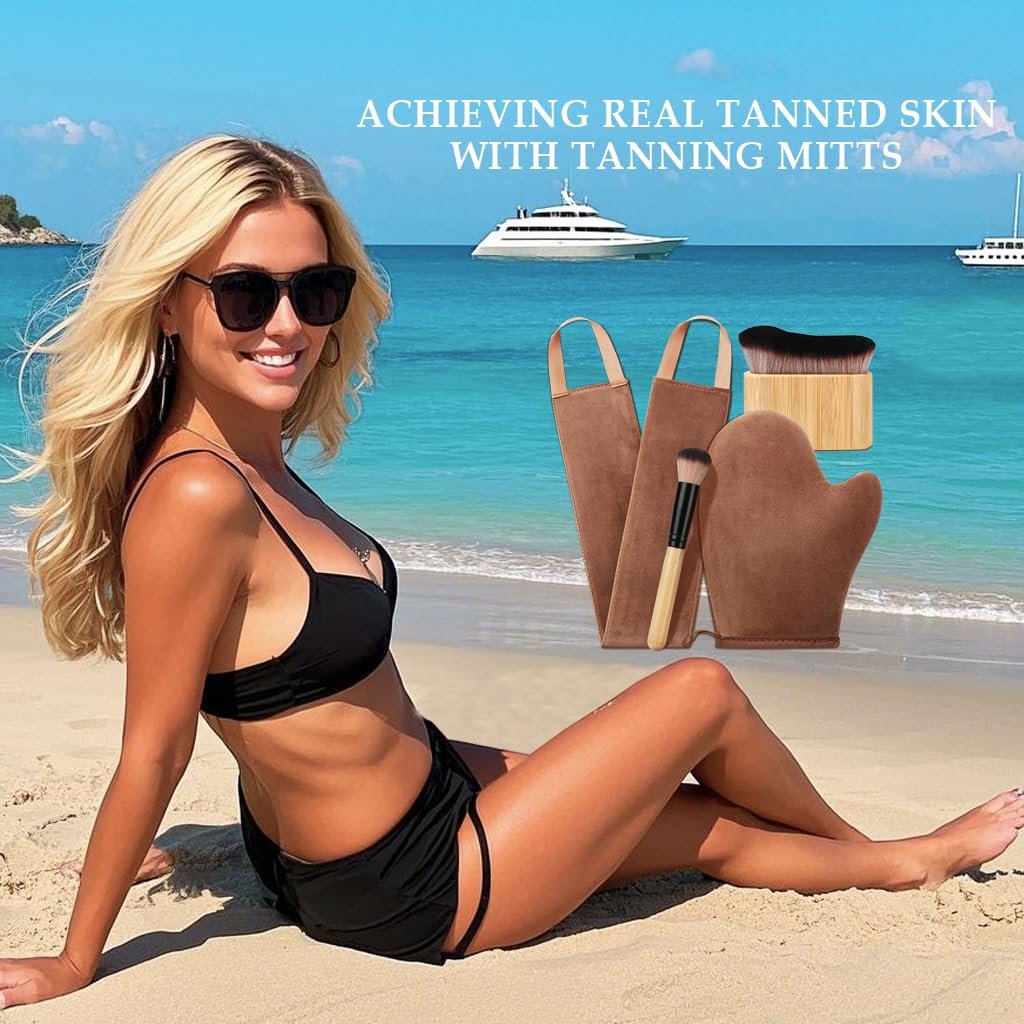 4 in 1 Luxury Velvet Tanning Mitt Set - Self Tanner Applicator with Brush & Back Applicator for Streak-Free Glow Avelisse