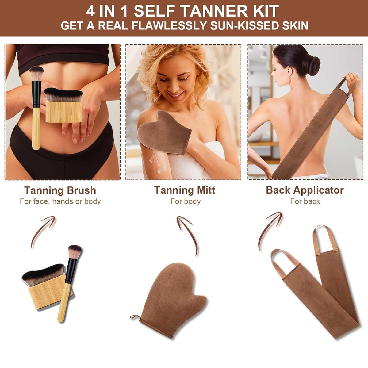 4 in 1 Luxury Velvet Tanning Mitt Set - Self Tanner Applicator with Brush & Back Applicator for Streak-Free Glow Avelisse