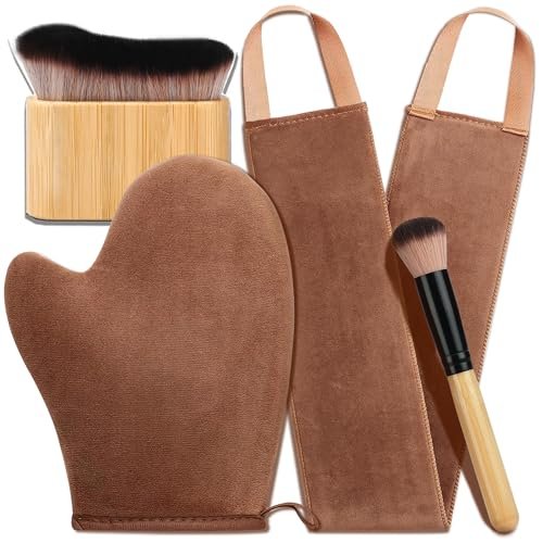 4 in 1 Luxury Velvet Tanning Mitt Set - Self Tanner Applicator with Brush & Back Applicator for Streak-Free Glow Avelisse
