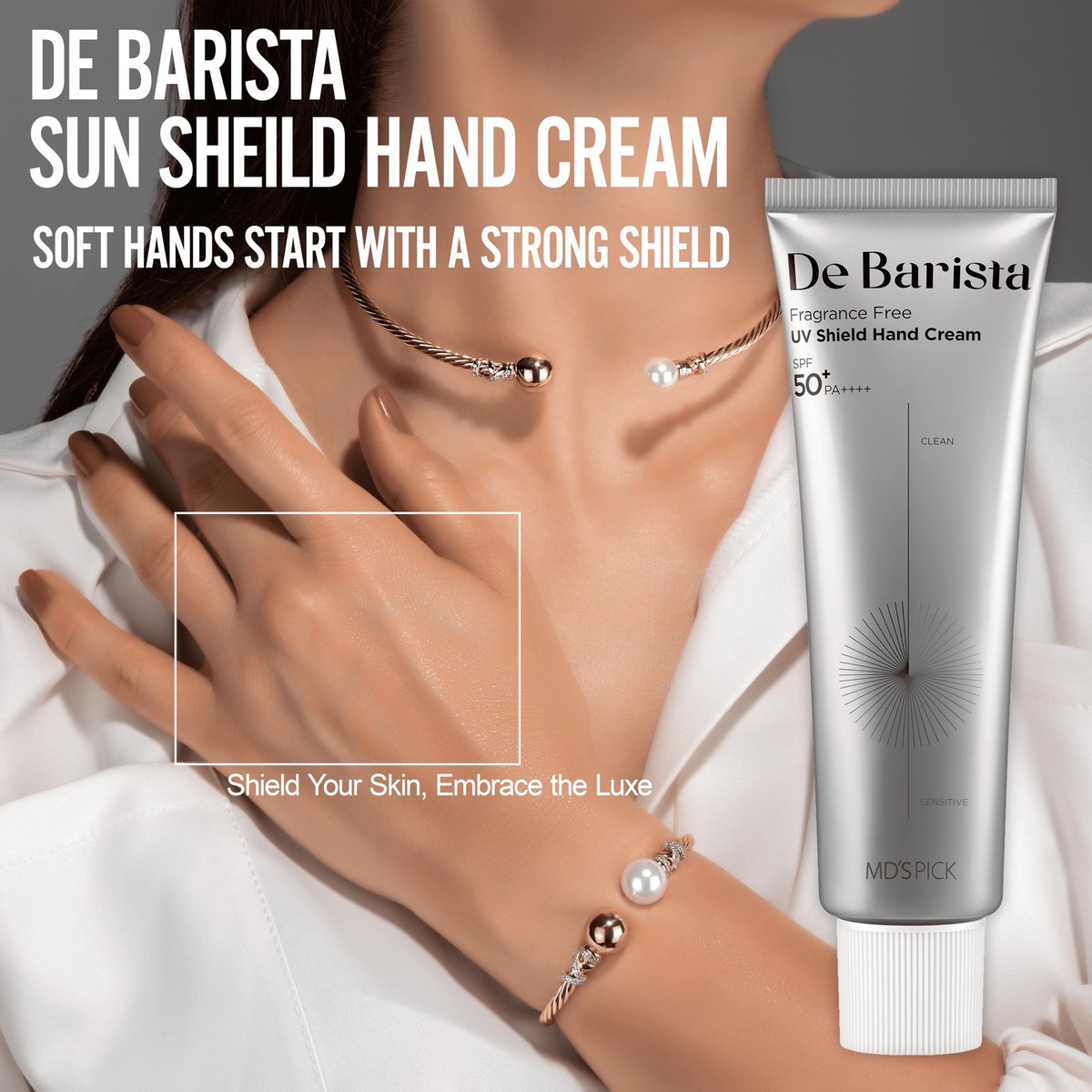 MD'S PICK De Barista Sun Shield Hand Cream SPF50+/PA++++ 50g – Fragrance-Free, Vegan, Lightweight UV Protect Hand Moisturizer Avelisse