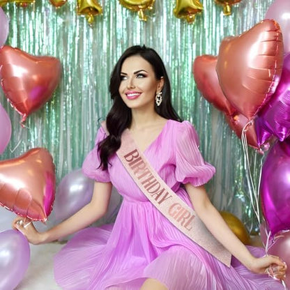 Piriuuo Rose Gold Birthday Sash – Glitter Happy Birthday Sash for Women & Girls, Satin Cloth Birthday Party Decorations
