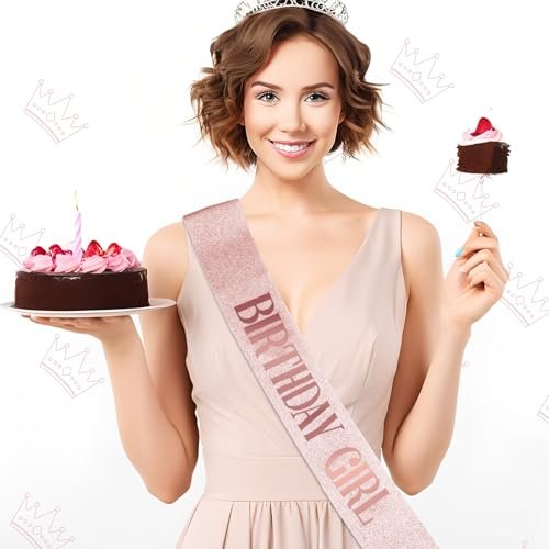 Piriuuo Rose Gold Birthday Sash – Glitter Happy Birthday Sash for Women & Girls, Satin Cloth Birthday Party Decorations - görsel 6