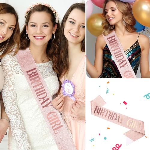 Piriuuo Rose Gold Birthday Sash – Glitter Happy Birthday Sash for Women & Girls, Satin Cloth Birthday Party Decorations - görsel 12
