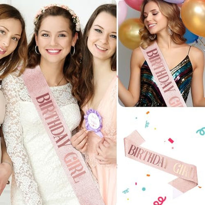 Piriuuo Rose Gold Birthday Sash – Glitter Happy Birthday Sash for Women & Girls, Satin Cloth Birthday Party Decorations