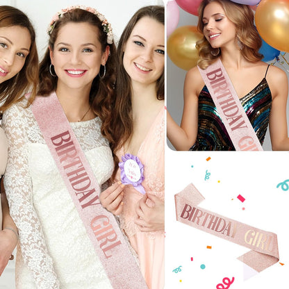Piriuuo Rose Gold Birthday Sash – Glitter Happy Birthday Sash for Women & Girls, Satin Cloth Birthday Party Decorations