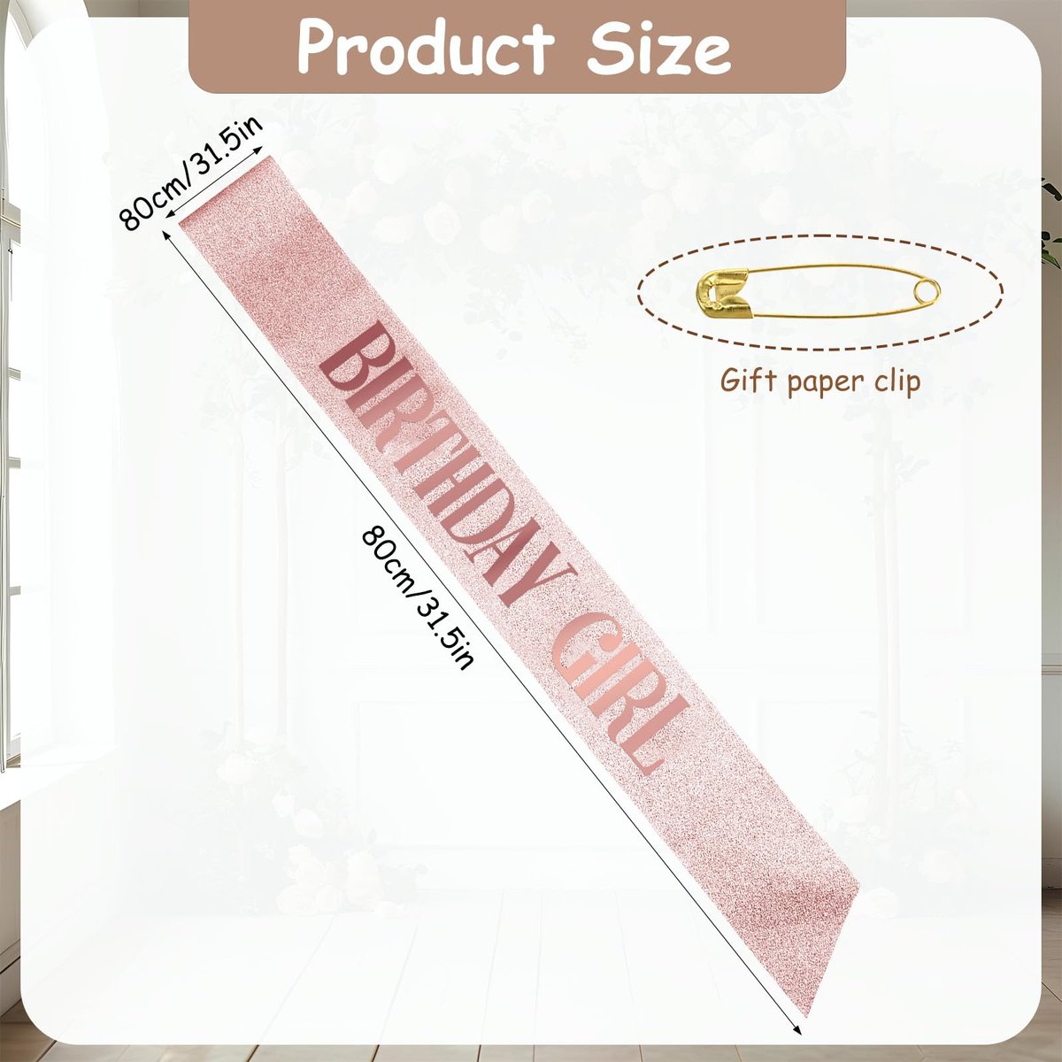 Piriuuo Rose Gold Birthday Sash – Glitter Happy Birthday Sash for Women & Girls, Satin Cloth Birthday Party Decorations - görsel 3