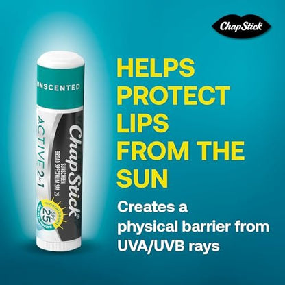 ChapStick Active 2-in-1 Unscented Lip Balm with Mineral SPF 25 Sunscreen - 0.18 oz, 3-Pack