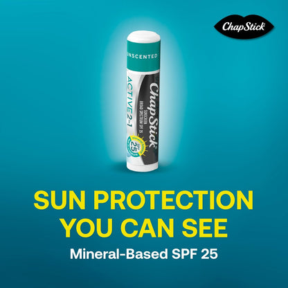 ChapStick Active 2-in-1 Unscented Lip Balm with Mineral SPF 25 Sunscreen - 0.18 oz, 3-Pack