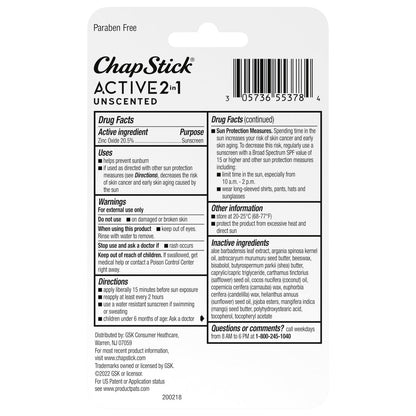 ChapStick Active 2-in-1 Unscented Lip Balm with Mineral SPF 25 Sunscreen - 0.18 oz, 3-Pack