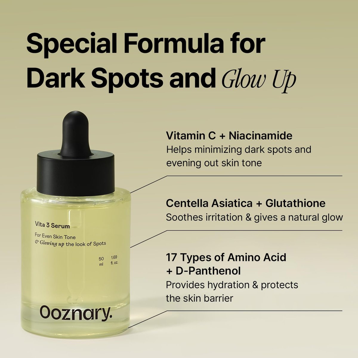 Ooznary Vita 3 Serum with Vitamin C Derivatives, Niacinamide, and Glutathione – Korean Skin Care for Uneven Skin Tone & Dull Skin, 1.69 fl.oz (50ml) Avelisse