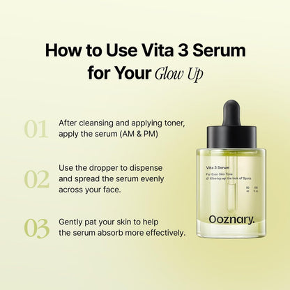 Ooznary Vita 3 Serum with Vitamin C Derivatives, Niacinamide, and Glutathione – Korean Skin Care for Uneven Skin Tone & Dull Skin, 1.69 fl.oz (50ml) Avelisse