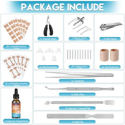 Professional Ingrown Toenail Removal Kit - Complete Stainless Steel Tool Set with Corrector Drops, Patches, Clipper, and File Lifter
