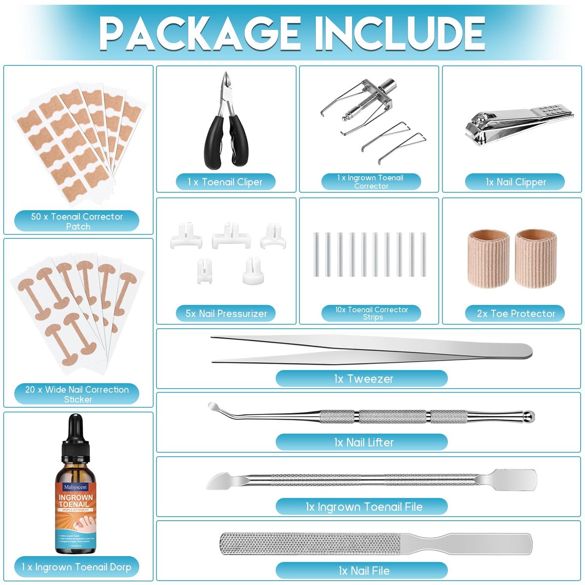 Professional Ingrown Toenail Removal Kit - Complete Stainless Steel Tool Set with Corrector Drops, Patches, Clipper, and File Lifter - görsel 4
