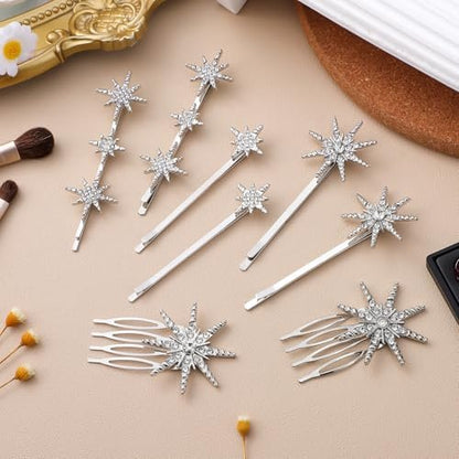 Beaupretty Rhinestone Hair Clips Silver - Sparkly Star Bobby Pins for Wedding Styling, 3.15 Inch