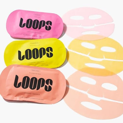 LOOPS Glow Gang Korean Face Mask Set – Weekly Reset, Double Take & Sunrise Service – Hydrating & Pore Refining for Sensitive Skin (3-Pack) Avelisse