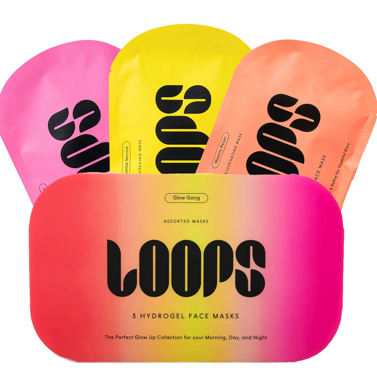 LOOPS Glow Gang Korean Face Mask Set – Weekly Reset, Double Take & Sunrise Service – Hydrating & Pore Refining for Sensitive Skin (3-Pack) Avelisse