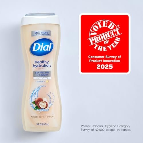 Dial Healthy Hydration Body Wash, Shea Butter Extract + Vitamin E, 16 fl oz (Pack of 4), Gentle & Moisturizing Avelisse