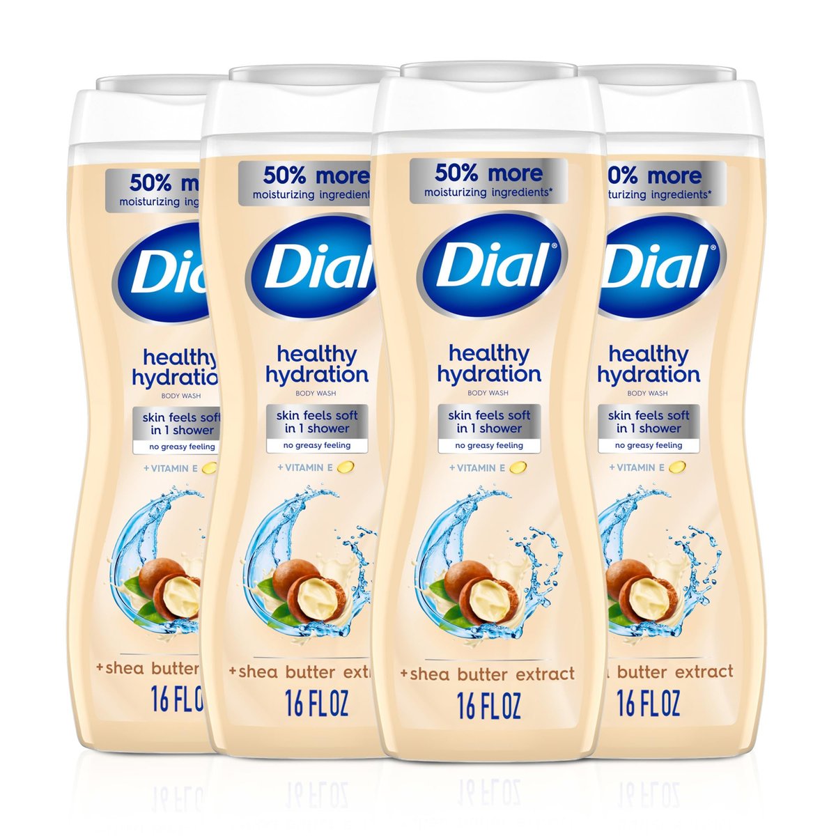 Dial Healthy Hydration Body Wash, Shea Butter Extract + Vitamin E, 16 fl oz (Pack of 4), Gentle & Moisturizing Avelisse